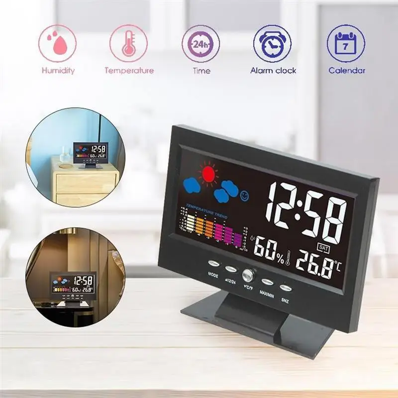 Digital Display Thermometer humidity clock Colorful LCD Alarm Calendar Weather 