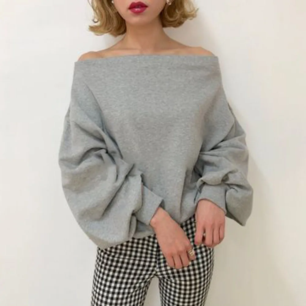 

Off Shoulder Tops Women 2019 Fall Korean Long Sleeve Sexy Basic Hoodie Office Ladies Causal Gray Loose Pullovers Minimalist