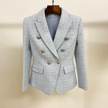

Female Woolen Blazer Mujer New Plus Size Women's Jacket Metal Buckle Double-breasted Woolen Tweed Slim Suit