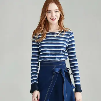 

HAVVA 2019 Autumn and Winter New Women Blue and White Striped Long-sleeved Cotton Bottoming T-shirt Female Ins Tide T3217