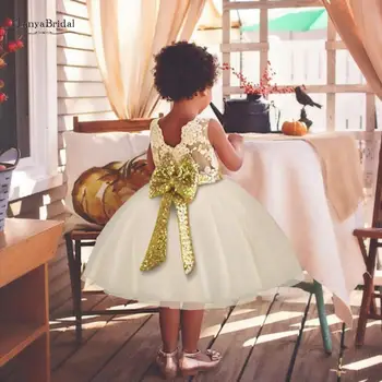 

V Back Pink Flower Girl Dresses For Weddings Sequined Lace Bow Kids White First Communion Gown 5 Colors XF007