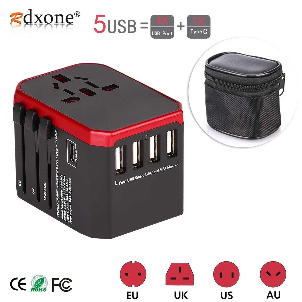 Rdxone дорожный адаптер Международный Универсальный питания все в одном с 5 USB