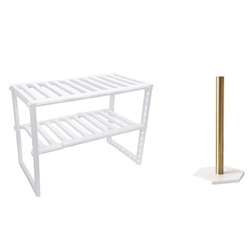 

Kitchen Rack Adjustable Removeable Under Sink Storage Tidy Shelf & Natural Marble Texture Gold-Plated Paper Towel Holder