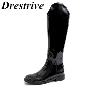 

Drestrive 2020 Winter Women's Knee High Boots Patent Leather Round Toe Low Heels 3 cm Knight Boots Black Zipper Round Toe