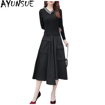 

AYUNSUE 2020 Spring Knitted Dress Women Sweater Elegant Dress V Neck Long Sleeve Ladies Dresses Korean Vestidos De Festa KJ4194