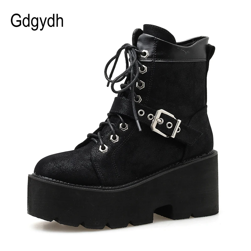 Gdgydh/модные ботинки на массивном каблуке; женские ботильоны на платформе со шнуровкой на квадратном каблуке; женская кожаная обувь в стиле панк; Цвет Черный; сезон весна-осень
