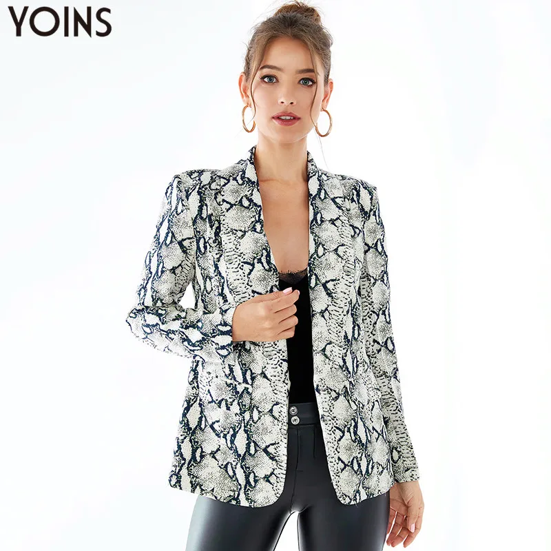 YOINS, осенне-зимние пальто и куртки, женские блейзеры со змеиным принтом, с карманами, с воротником с лацканами, с открытым передом, блейзер, винтажные повседневные куртки
