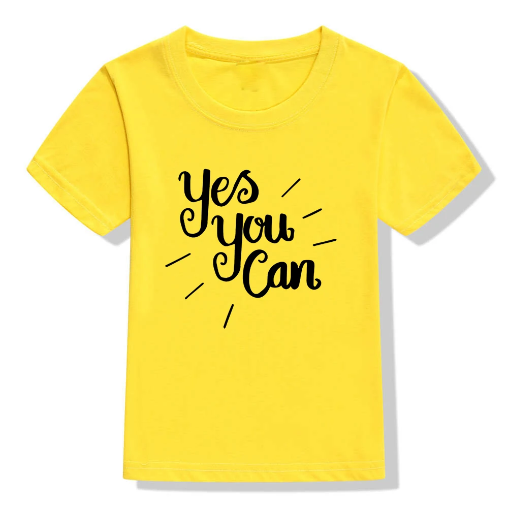 Детская футболка с надписью «Yes You Can» Детская футболка для мальчиков и девочек, одежда для малышей Забавные милые футболки, летняя мода, Прямая поставка