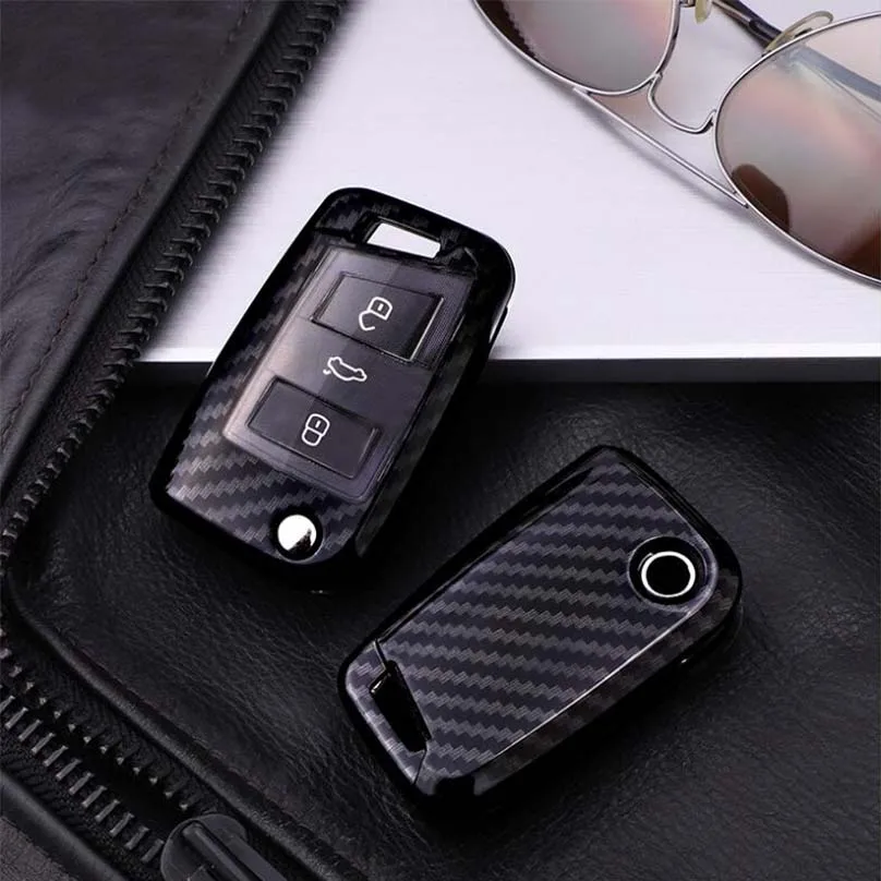 1Pc Carbon Fiber Look Car Key Chain Case fob Cover Shell For Skoda Octavia A5 Fabia Volkswagen Polo Golf Passat Ibiza Leon | Автомобили и