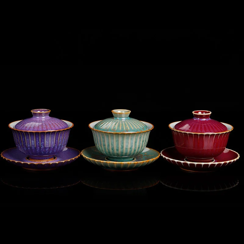140ml Green Glaze Kiln Change Gaiwan Vintage Ceramic Kung Fu Tea Bowls Master Cup Pu'er Tea Tureen Cup Teapots Bowl With Lid