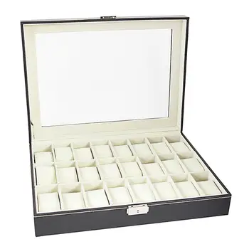 

24 Compartments Black Leather Watch Display Storage Case Collection Box