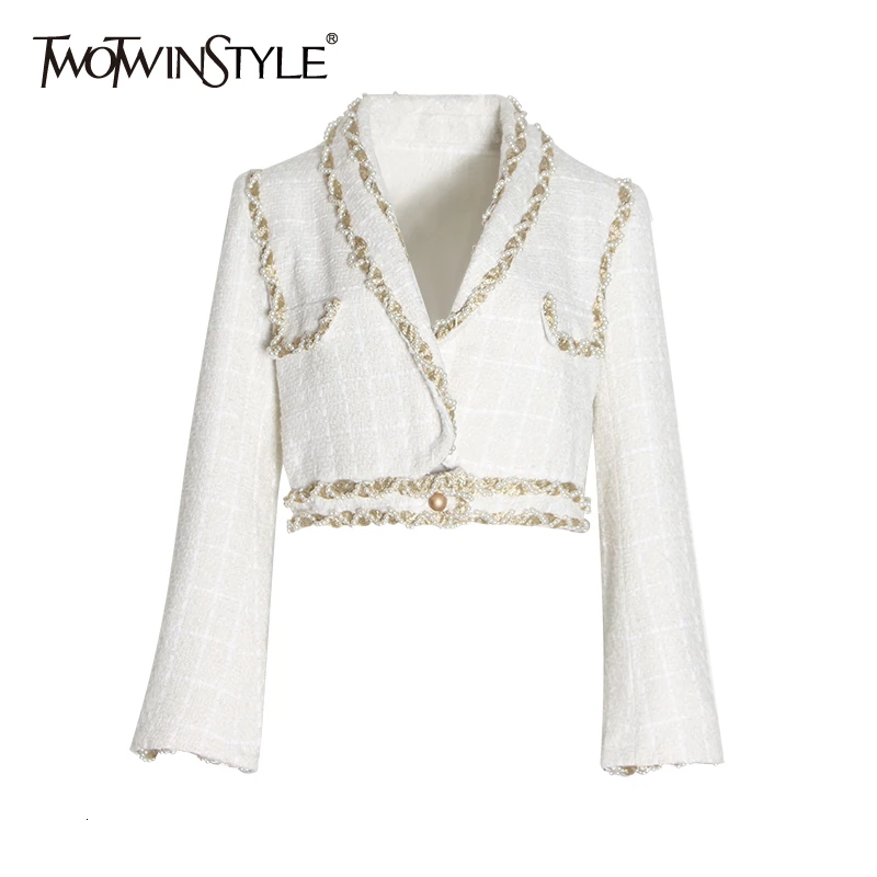 

TWOTWINSTYLE White Patchwork Pearl Tweed Women's Coats Lapel Collar Long Sleeve Pocket Female Coat 2019 Autumn Fashion New
