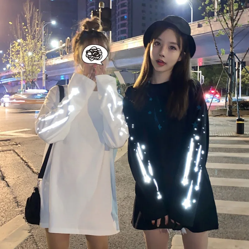 

Hoody Women Fashion Reflective Round Collar Long-sleeved Print Female Sweatshirt Casual Loose bf Lazy Wind White Black Pullover