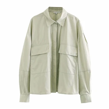 

BLSQR Sweet light green loose blouses pockets decorate long sleeve shirts female 2020 casual tops blusas