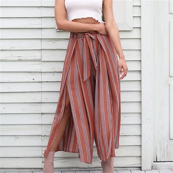 

striped lady wide leg pants women Summer beach high waist trousers Chic streetwear sash casual pants female