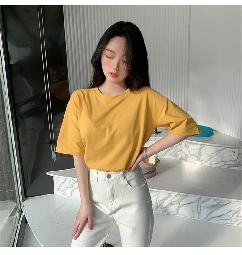 Hirsionsan Basic Cotton T Shirt Women Summer New Oversized Solid Tees 7 Color Casual Loose Tshirt Korean O Neck Female Tops