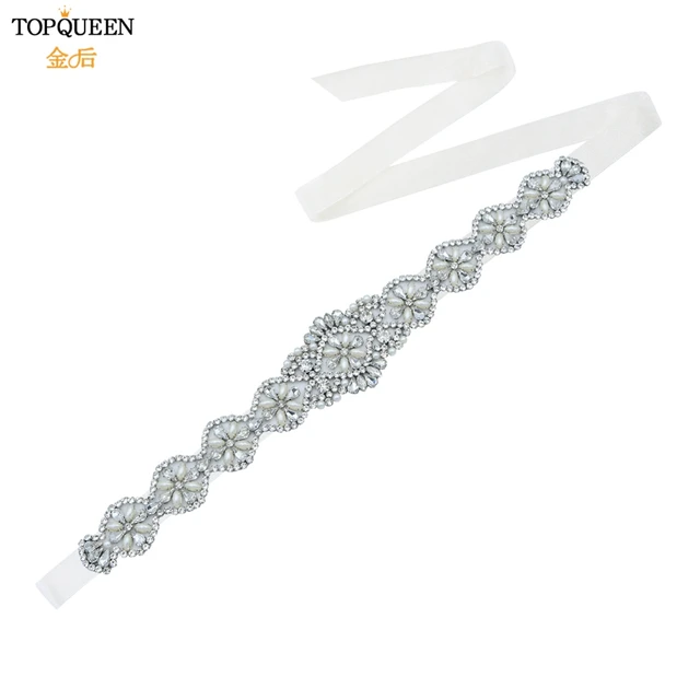 TOPQUEEN S161 White Wedding Belts Silver Rhinestone Belt Accessories for Bride Crystal Formal Dress Belt Gown Sash Bridal Belt Organza Ivory