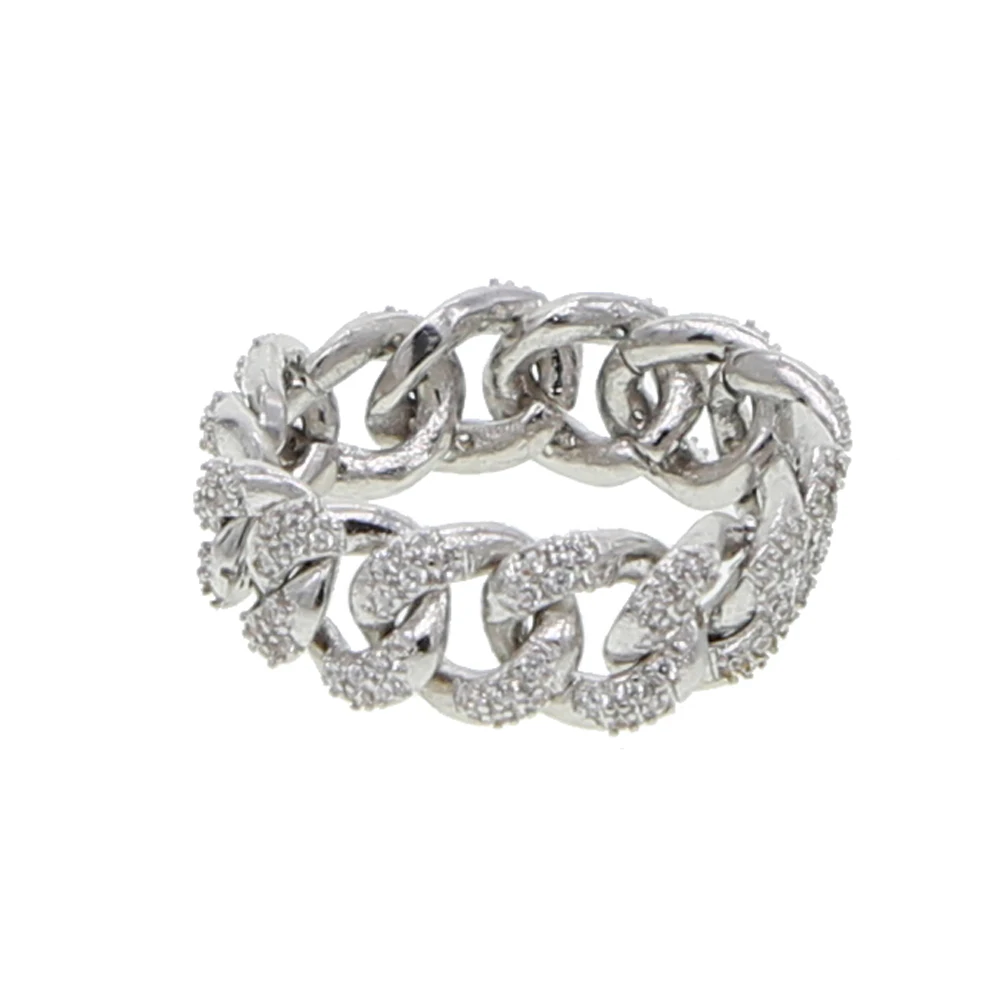 Iced out bling white cubic zirconia, кубинское кольцо-цепочка для женщин, Золотое кольцо в стиле хип-хоп, обручальное кольцо, Трендовое кольцо на палец - Цвет основного камня: silver