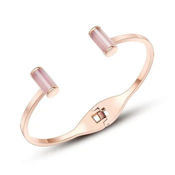 

Korean Style Black Crystal Stone Open Bangle Luxury Brand Stainless Steel Cuff Bracelet for Women Girl Birthday Gifts