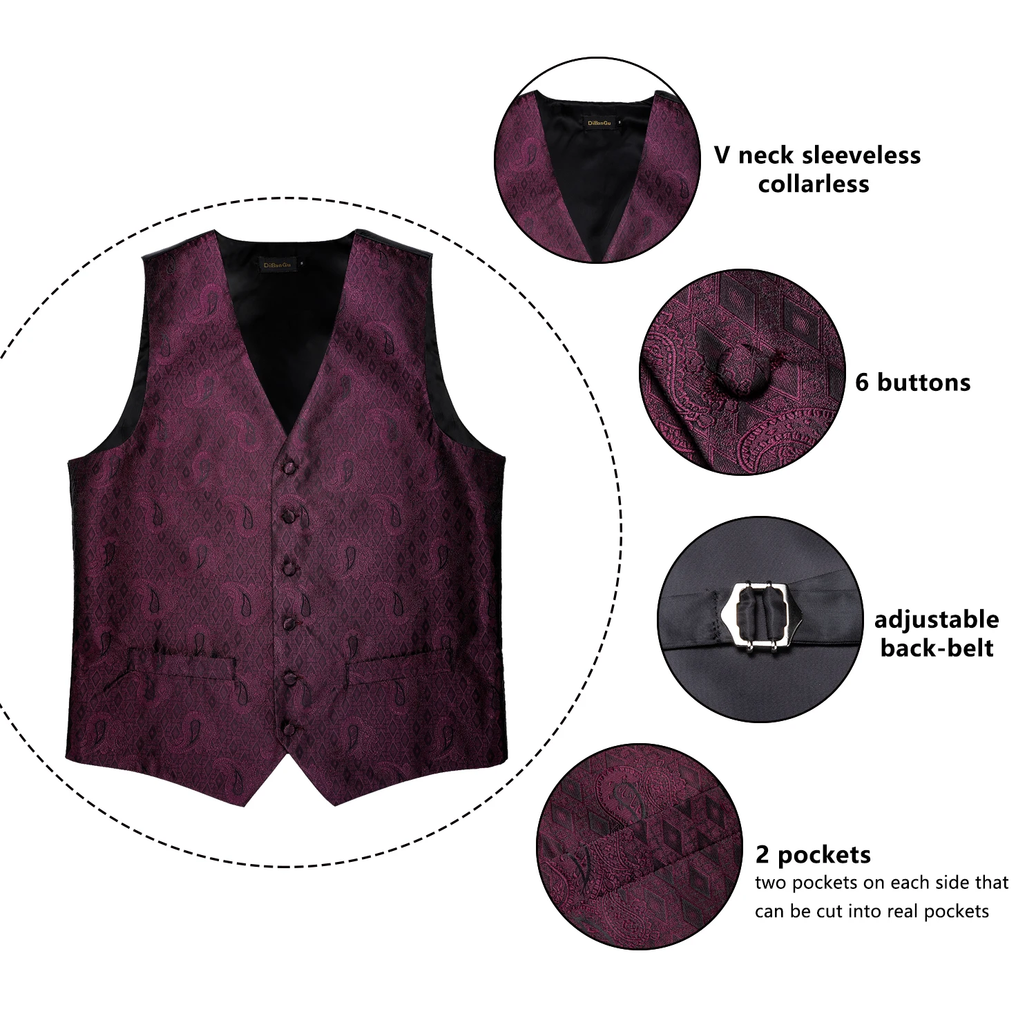 Men's Red Wine Paisley Fashion Wedding Men Silk Waistcoat Vest Bowties Hanky Cufflink Cravat Set for Suit Tuxedo DiBanGu MJ-115