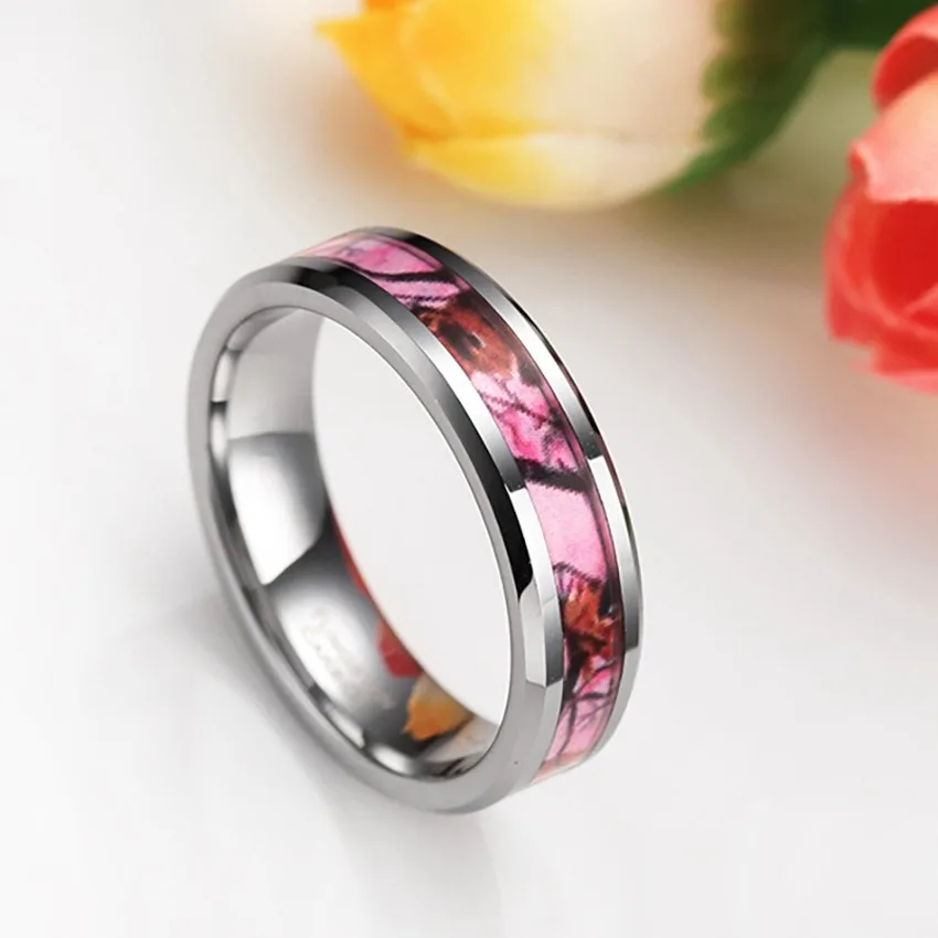 New Fashion Simple 6mm Male Female Couple Ring Camouflage Pink Tungsten Steel Ring Jewelry
