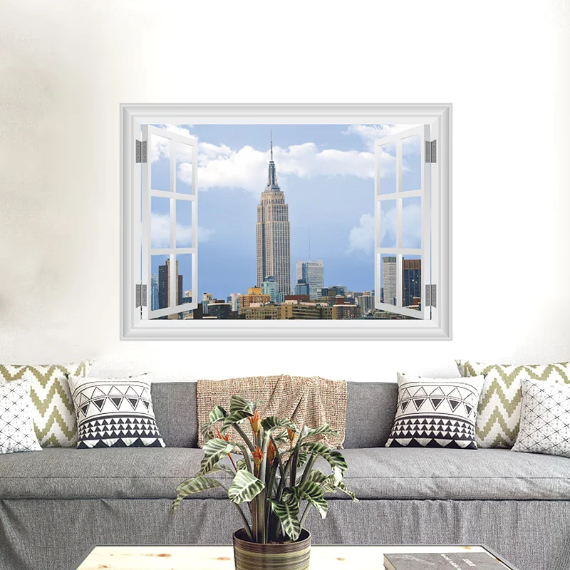 6style 3D Vivid View City Scenery Window Wall Stickers Living Room Bedroom Decoration Home Decor Mural Landscape Wall Art Decal