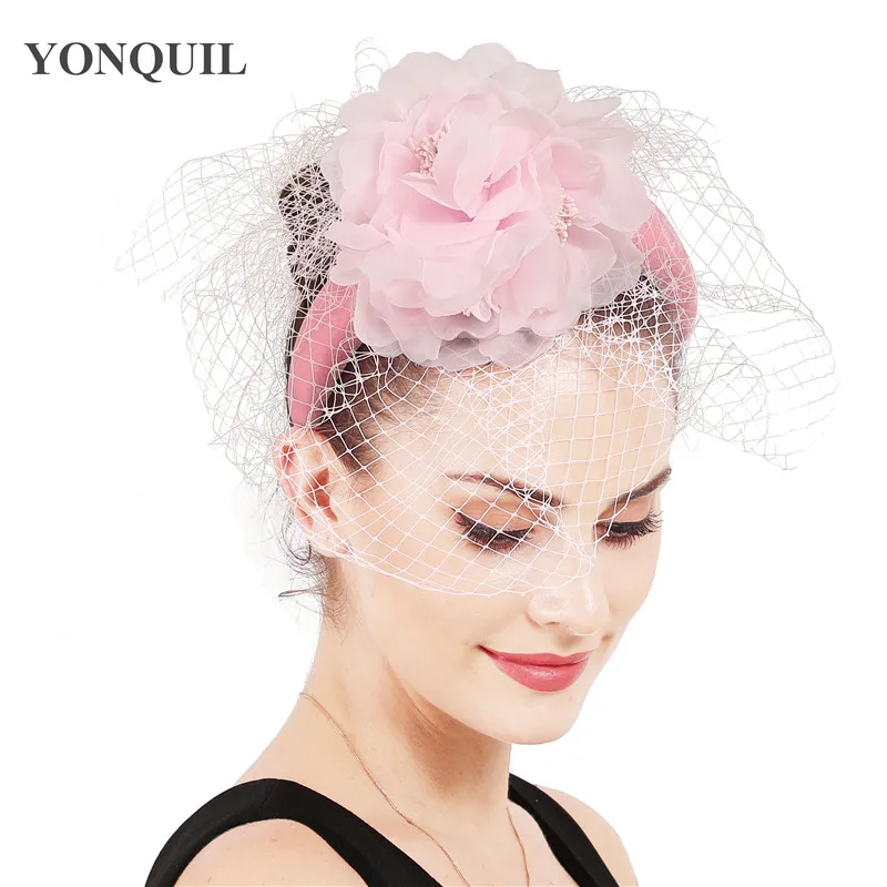 

New Fashion Pink Wedding Fascinators Bridal Women Elegant Headwear Veils Headbands Accessories Girs Party Tea Flower Headdress