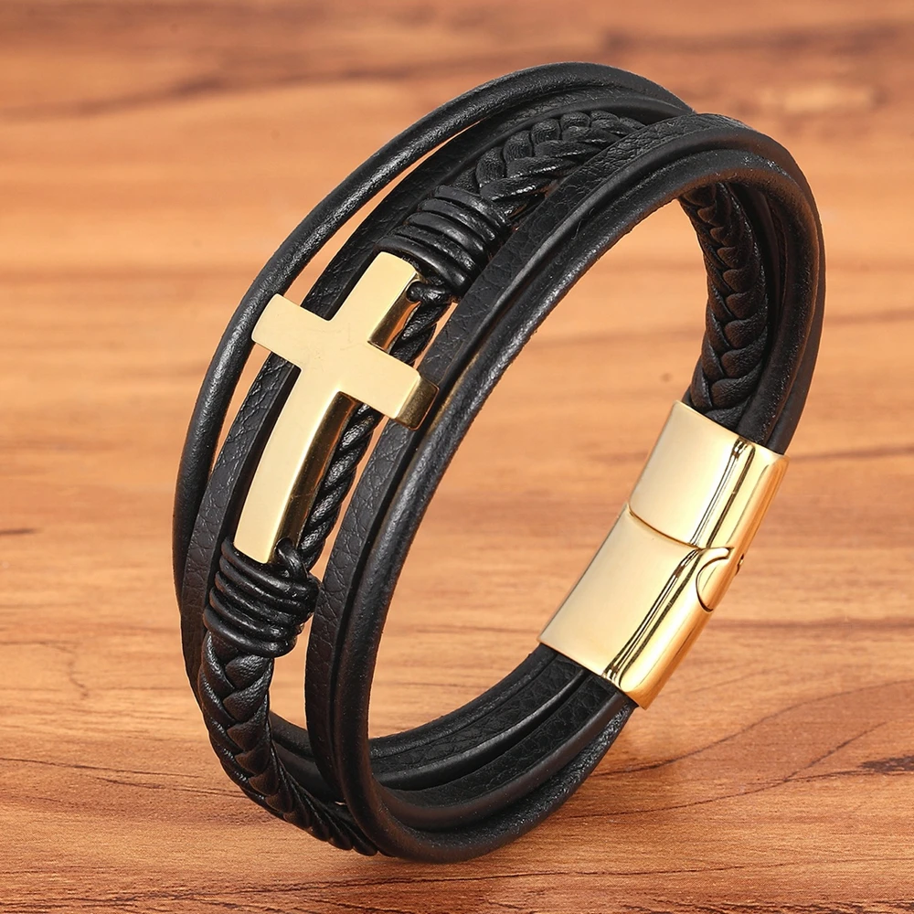 Classic Style Cross Men Bracelet Multi-Layer Stainless Steel Leather Bangles Magnetic Clasp - Image 5