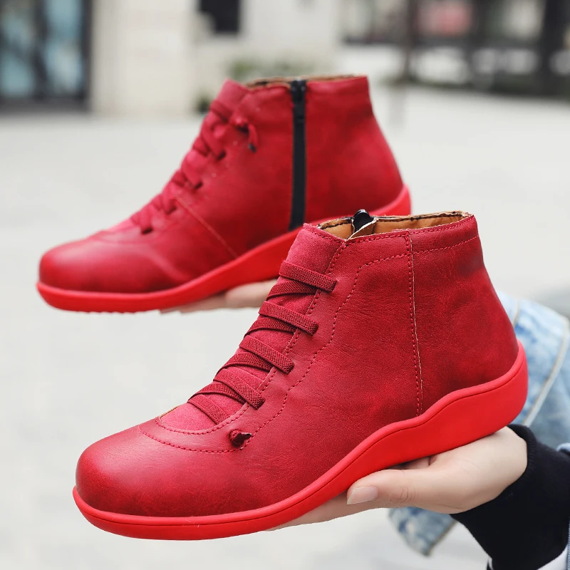 ERNESTNM/Демисезонные ботинки; женские повседневные Винтажные ботинки-гладиаторы из искусственной кожи на низком каблуке с круглым носком на молнии; женские ботильоны на танкетке; непромокаемые ботинки - Цвет: Red