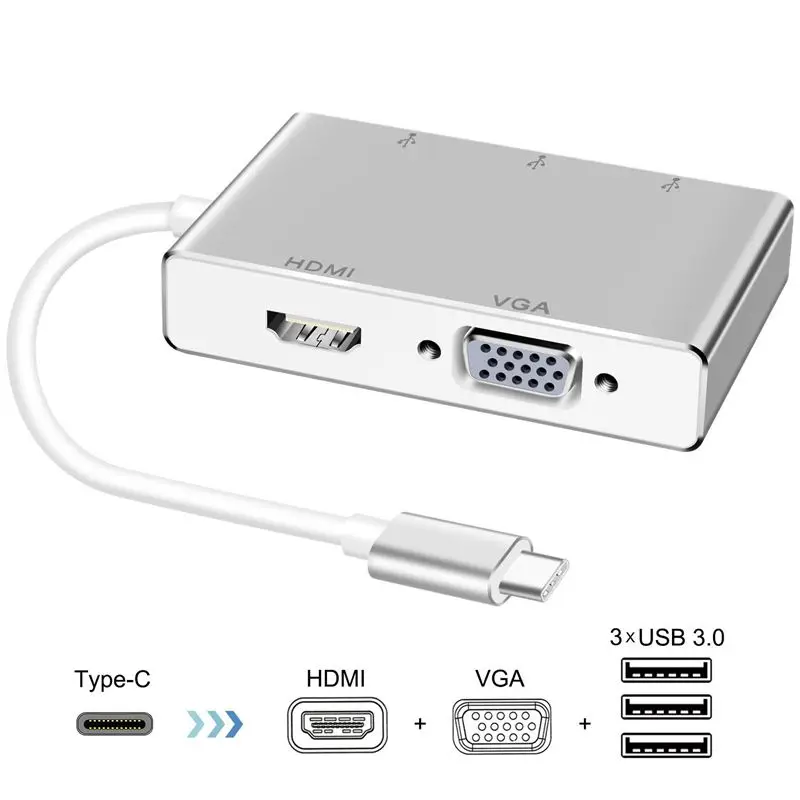 USB C к HDMI VGA 2K 4K адаптер, Тип C к HDMI VGA 3 USB3.0 концентратор, портативный преобразователь адаптер для 2017 MacBook Pro/samsung Galaxy