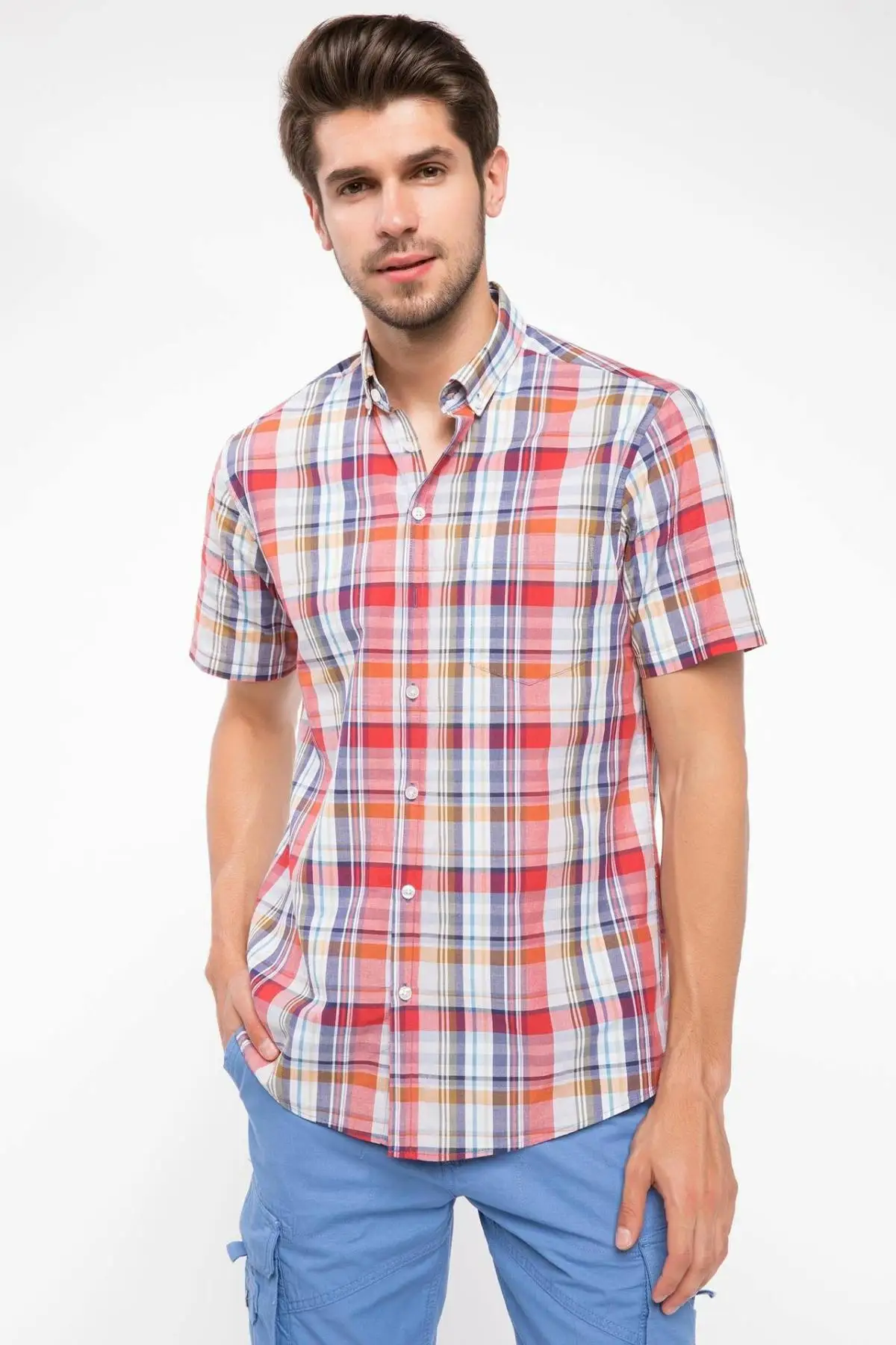 

DeFacto Men Summer Woven Top Short Sleeve Shirts Casual Plaid Shirts Male Red Grid Shirt Top Cloth I7814AZ18SMRD283