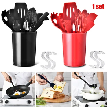 

11Pcs Non-stick Spoons Kitchen Utensil Silicone Set Spatula Whisk Tongs Cooking Tools with Storage Holder DC112