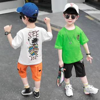 

Children's suit summer 2020 summer children's clothing new Korean boy cartoon T-shirt casual pants two-piece short-sleeved pants