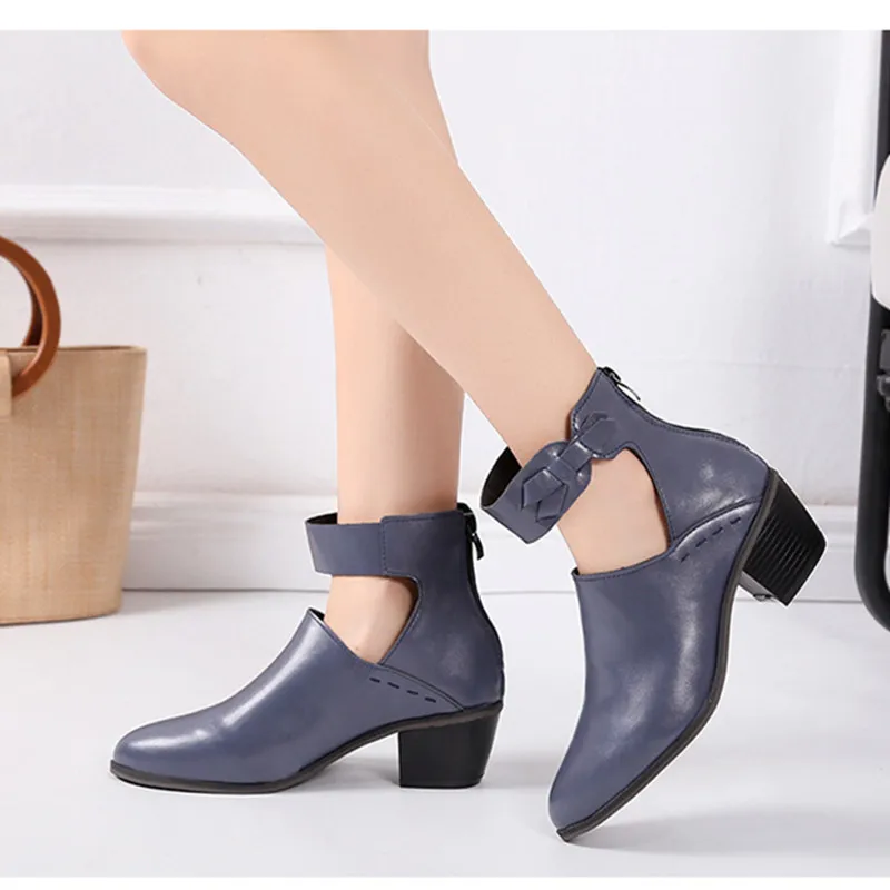Houlife Fashion Women Boots PU Leather Ankle Boots Spring Autumn Hollow Out Pointed Toe Square Zipper Mid Heel Female Shoes