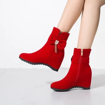 

Inner increase women's boots women's shoes 2020 spring and autumn new round toe high-heeled non-slip short boots red wedding boo