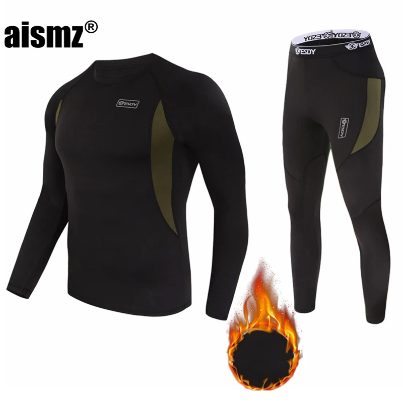 Aismz winter Top quality New thermal underwear men compression fleece sweat quick drying thermo underwear sets men clothing heated long underwear Long Johns