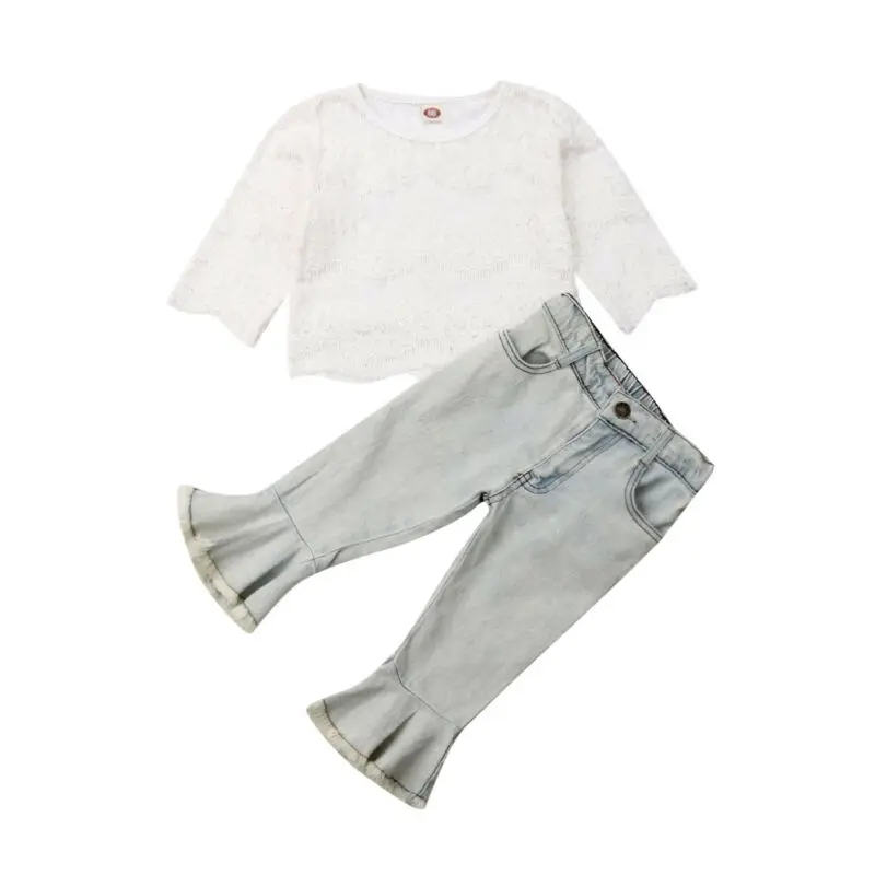 

New Toddler Baby Girl Clothes Hollow Lace Pullover Top Denim Flared Pants Outfit