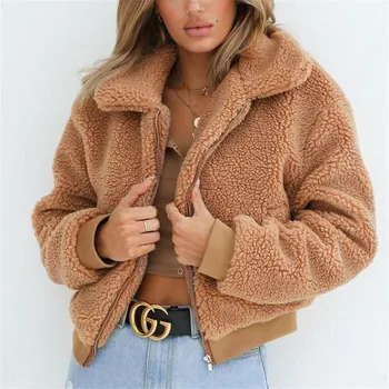 

Winter Women Casual Short Coats New Teddy Bear Fleece Thick Outwear Fashion Female's Solid Color Zippers Long Sleeves Overcoat