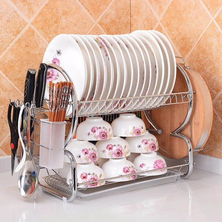 

Double Layer Dishes Draining Shelf Kitchen Cutting Board Chopsticks Knife Storage Shelf Multi-functional 8-Word Water Draining S