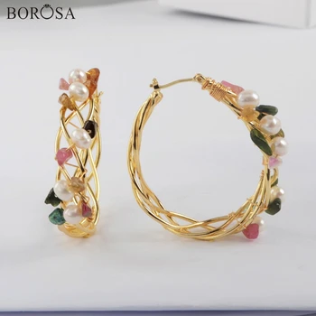 

Gold Plated Natural Pearl Earrings Anadem Shape Hoop Earrings Hanmade Wire Wrapped Pearl Drop Earrings with Tourmaline WX1317