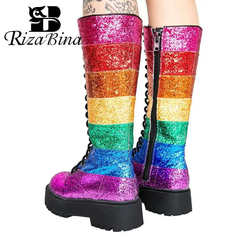 

RIZABINA Women Knee High Winter Boots Thick Bottom Zipper Slim Footwear Cross Strap Rainbow Color Fashion Footwear Size 35-42
