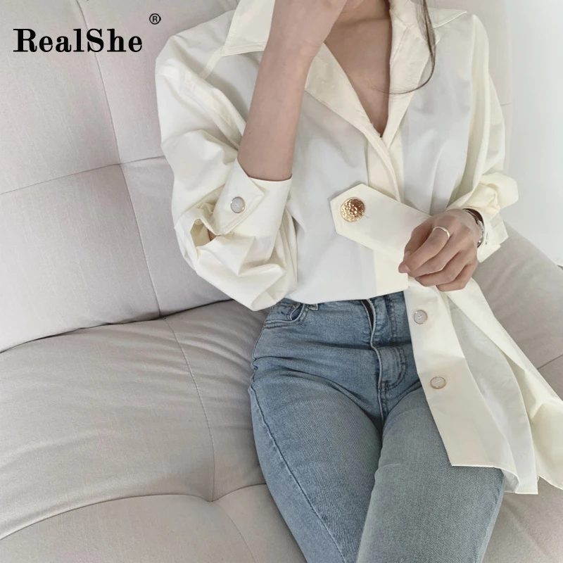 

RealShe Blouse Women Turn-down Collar Full Lantern Sleeve Button Solid Womens Tops And Blouses Spring Autumn Casual Womens Shirt