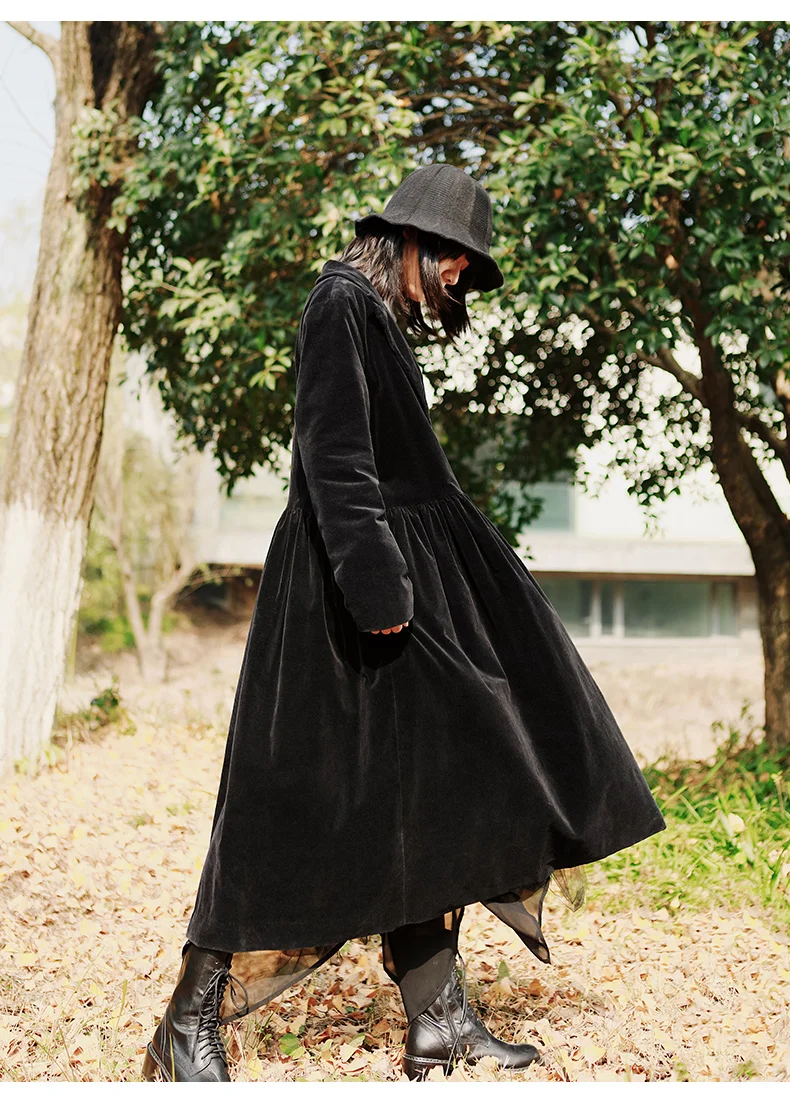Cakucool зимняя темная Вельветовая куртка в стиле ретро, женское длинное пальто выше колена, ветровка для колледжа