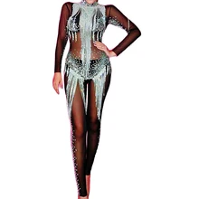 

Shining Rhinestones Fringes Black Mesh Gauze Jumpsuits Backless Perspective Dance Wear Women Party Evening Nightclub Costumes
