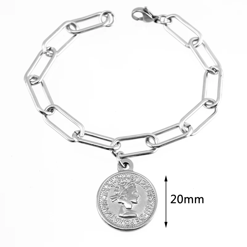 Серебряный/золотой браслет с монетами из нержавеющей стали для женщин, металлическая цепочка с замком, браслет, тяжелый женский браслет