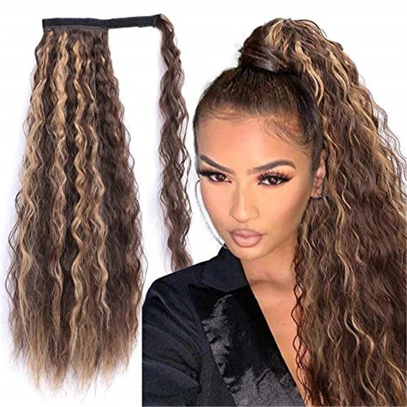 extensiones de cabello Cola de Caballo rizado largo Kong & Li extensión de pelo Natural envuelta en Clip extensiones de pelo Cola de Caballo para mujeres rubia con extremo negro sintético