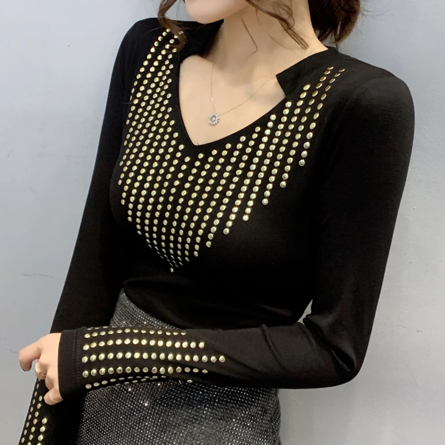 Poleras mujer de moda осень и зима новая бархатная плотная футболка с длинным рукавом Женские топы модная футболка с v-образным вырезом