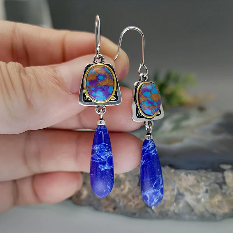 Bohemian Long Teardrop Navy Blue Stone Earrings Colorful Pattern Turquoises Jewelry Hanging Dangle for Women | Украшения и