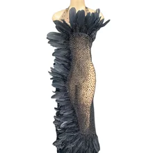 

Shining Diamonds Women Backless Dress Floor Length Feather Gauze Perspective Sleeveless Dress Nightclub Costume Stage Wear Lady