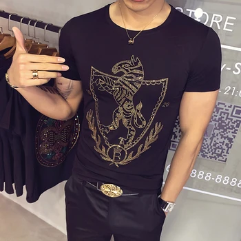 

Brand Clothing Animal Printing Rhinestone Man's T-shirt Plus Size 7XL Short Sleeve O Neck Casual T-Shirt Streetwear Tee Tops